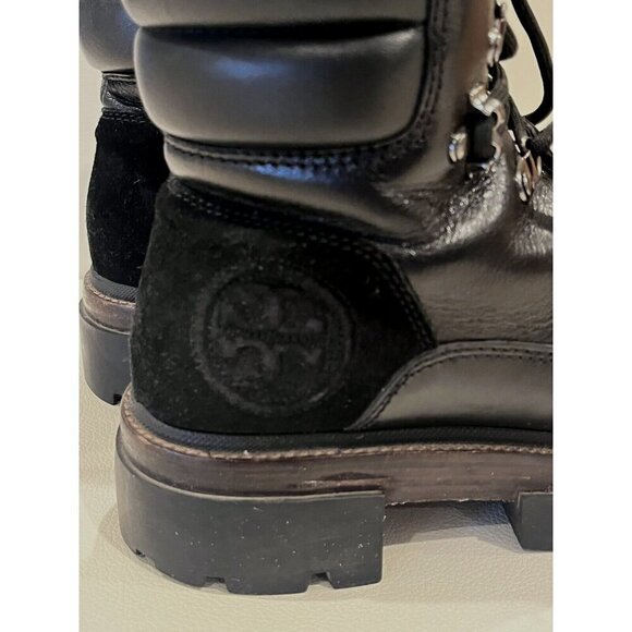 Tory Burch Miller Black Leather Suede Logo Lug Hiker Moto Ankle Boots - Picture 15 of 16
